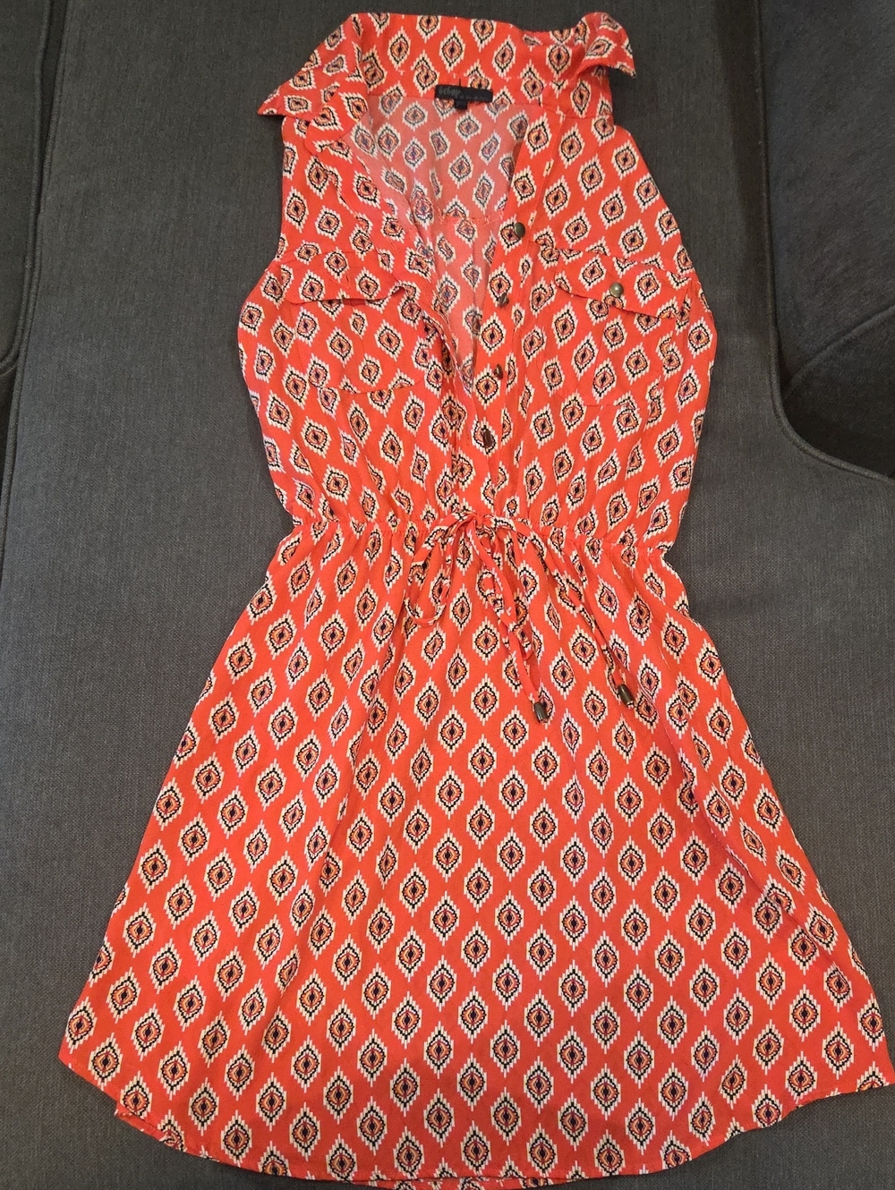 Sleeveless Orange Printed Drawstring Waist Dress